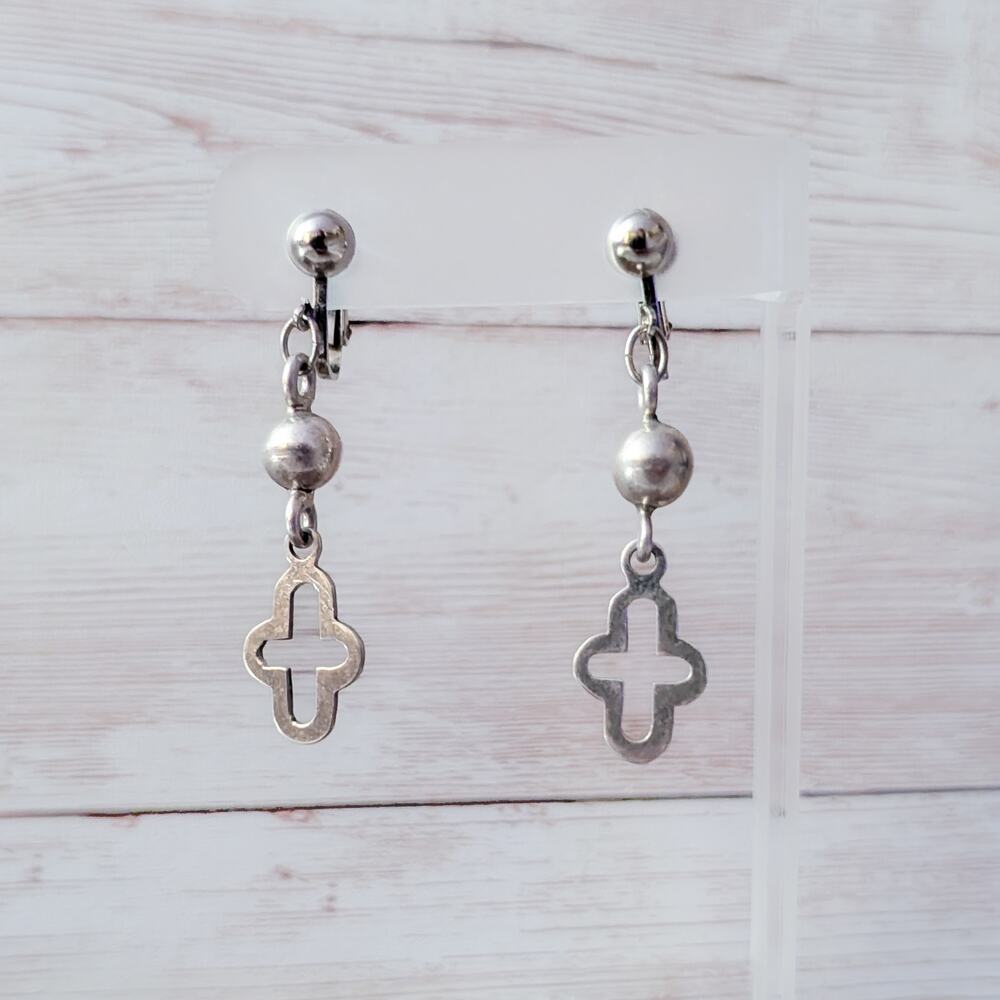 Vintage Clip On Earrings Silver Tone Long Dangle with Cross Charm